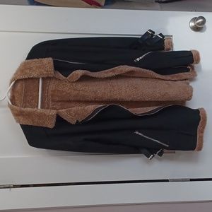 Black and furry faux fur lined long trench, military, pea coat jacket, small